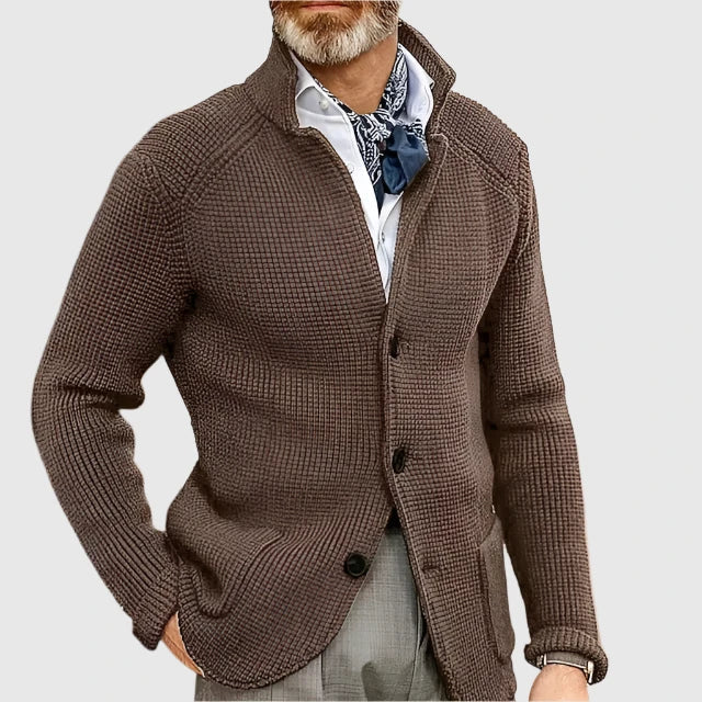 Mira | Women's Knit Cozy Button Front Stand Collar Sweaters — Brown