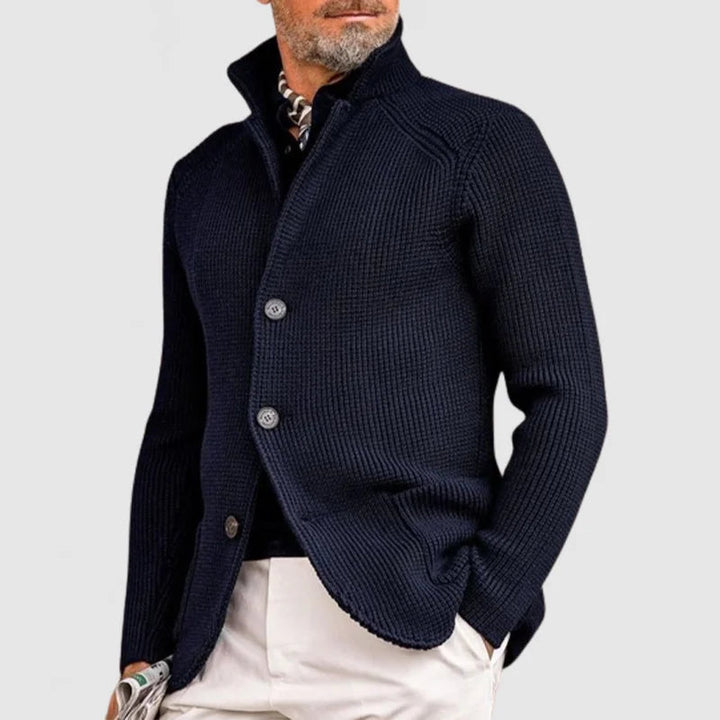 Mira | Women's Knit Cozy Button Front Stand Collar Sweaters — Dark Blue