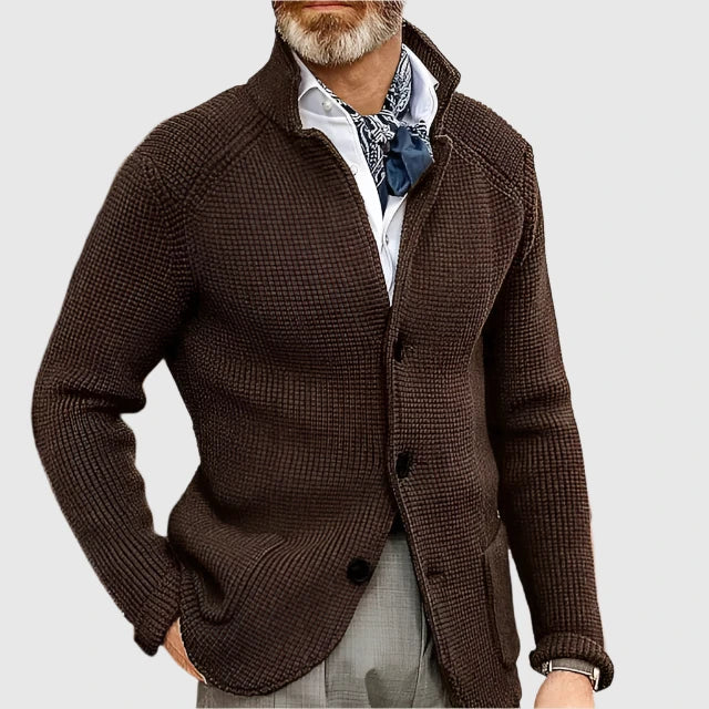 Mira | Women's Knit Cozy Button Front Stand Collar Sweaters — Dark Brown