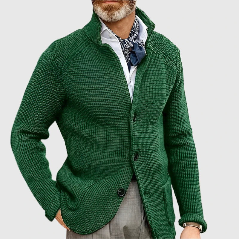 Mira | Women's Knit Cozy Button Front Stand Collar Sweaters — Dark Green