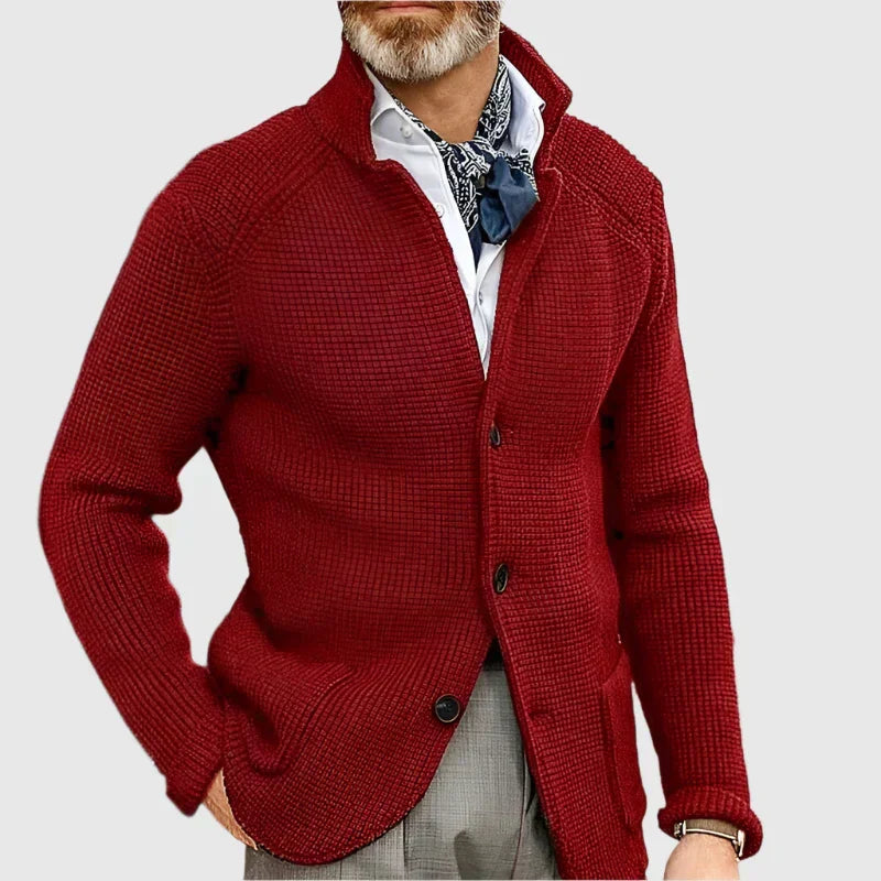 Mira | Women's Knit Cozy Button Front Stand Collar Sweaters — Dark Red