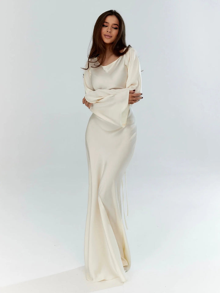 Mirareth | Women's Elegant Satin Maxi Dress with Long Bell Sleeves and Open Tie Back — Ivory