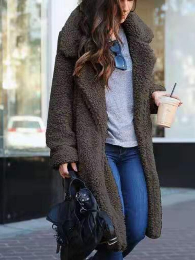 Nevaoura | Women's Casual Stretch Fleece Teddy Coat Long Style Top — Dark Gray