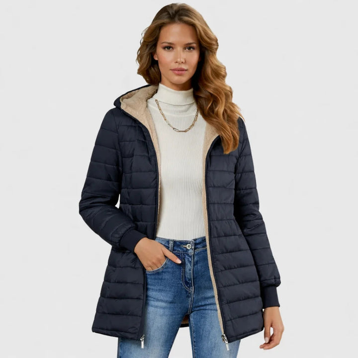 Ninonria | Women's sherpa-lined puffer jacket with hood and ribbed cuffs — Blue