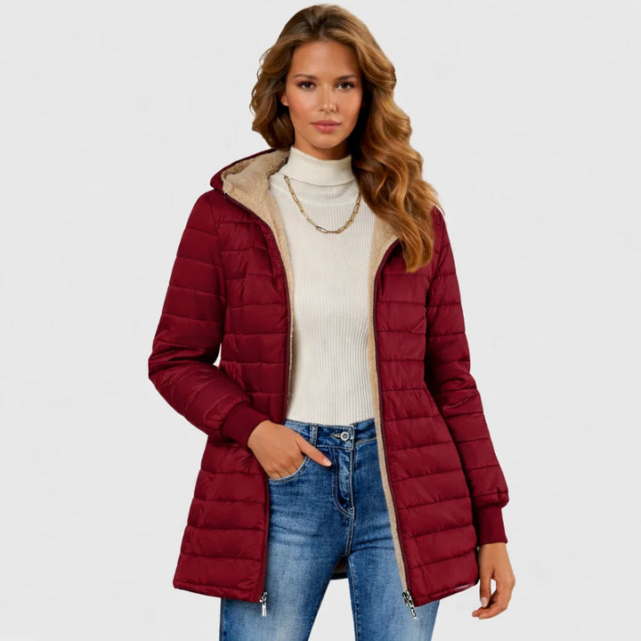 Ninonria | Women's sherpa-lined puffer jacket with hood and ribbed cuffs — Red