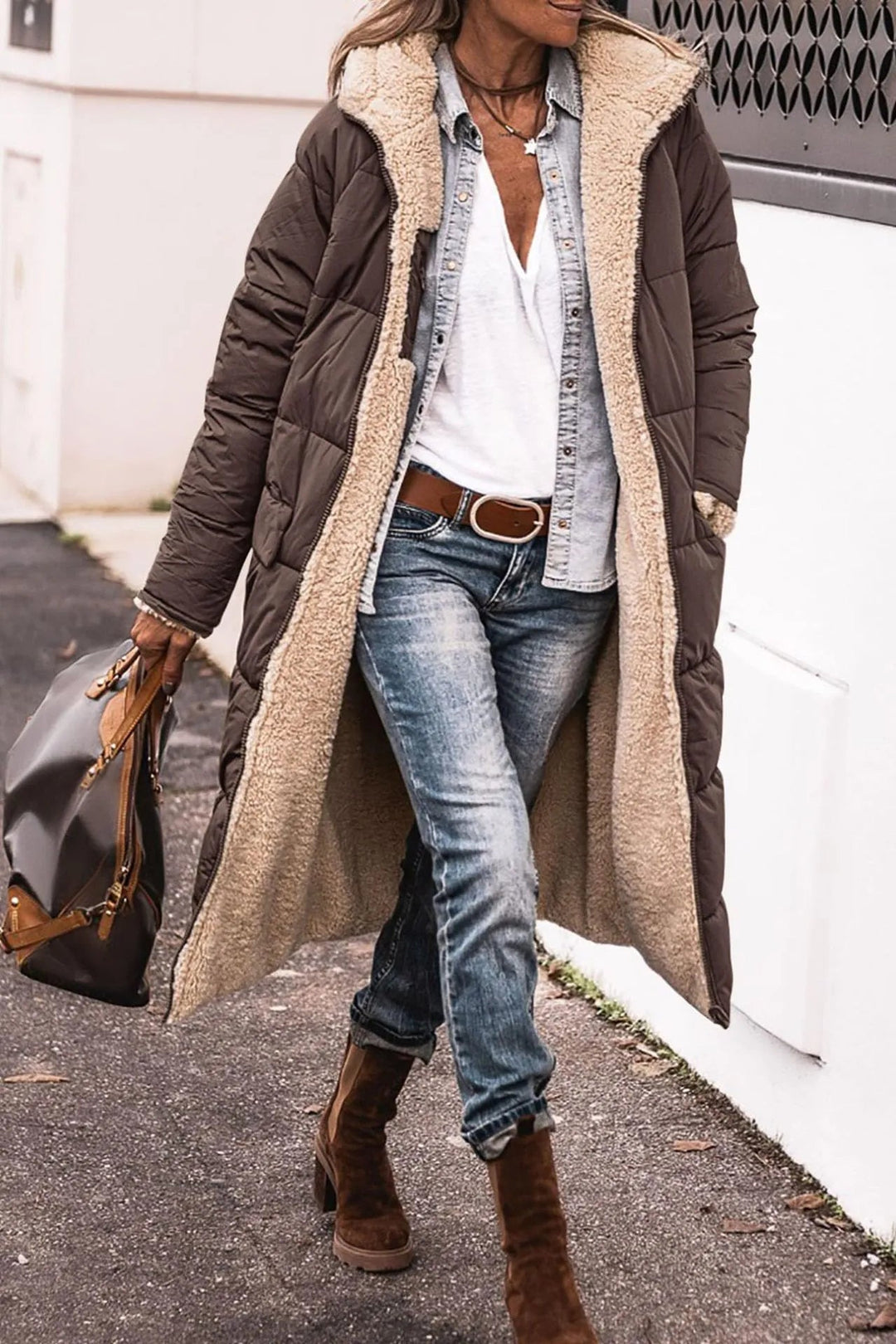 Novanova | Reversible Sherpa Hooded Longline Puffer Coat