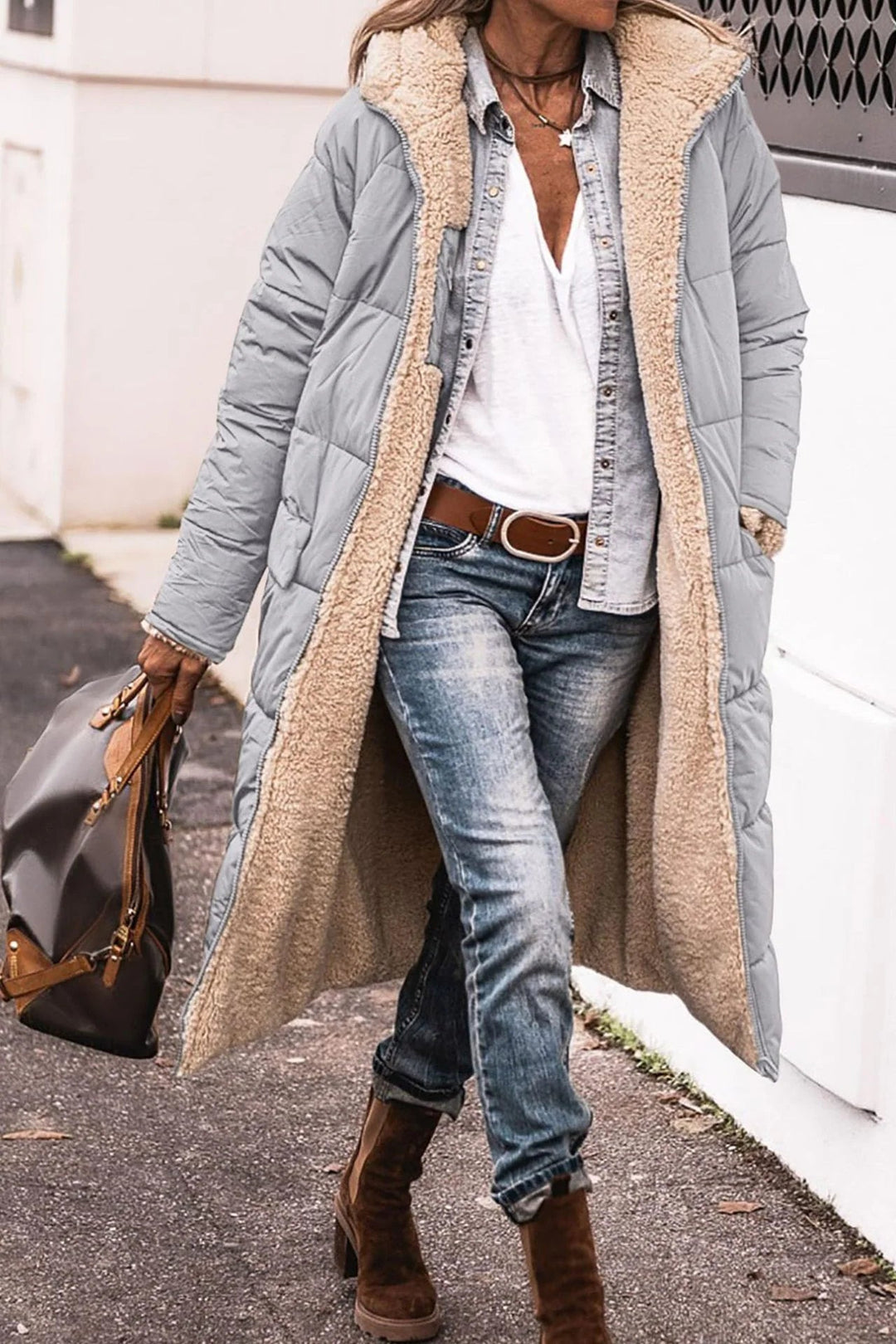 Novanova | Reversible Sherpa Hooded Longline Puffer Coat