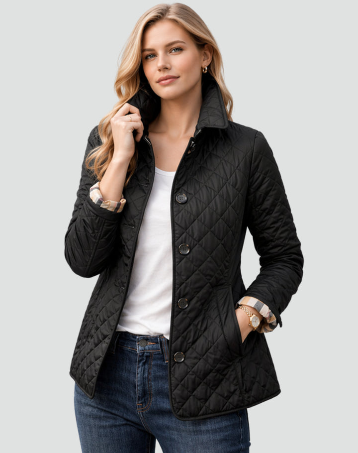 Novaora | Women's Quilted Button Front Jacket with Structured Collar — Black