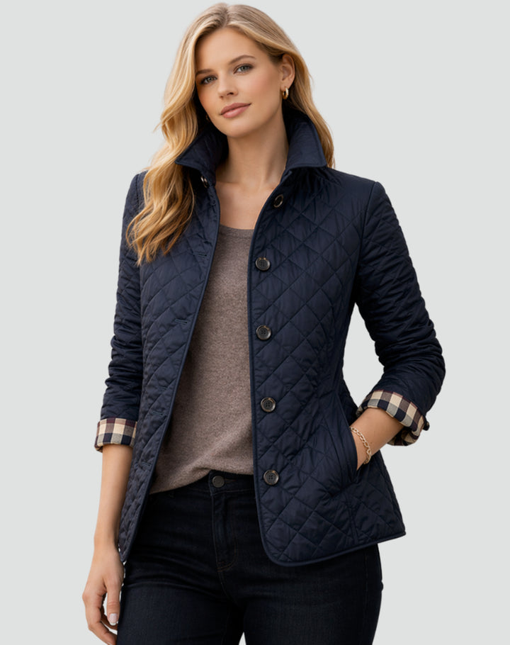 Novaora | Women's Quilted Button Front Jacket with Structured Collar — Navy Blue