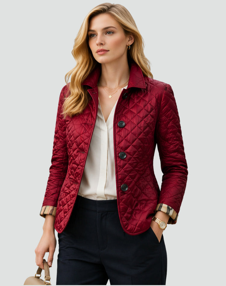 Novaora | Women's Quilted Button Front Jacket with Structured Collar — Wine Red