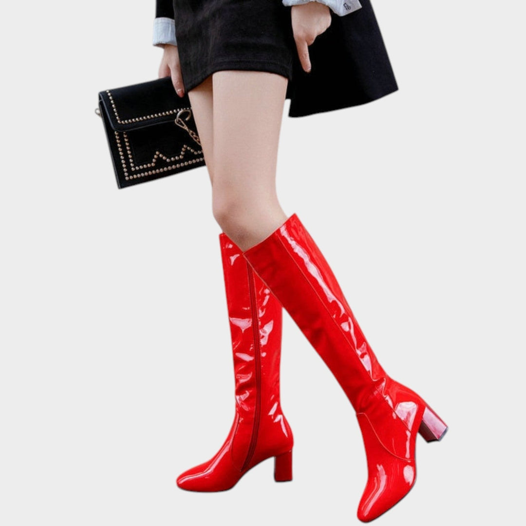 Novariel | Women's Leather Knee High Boots Party Patent Block Heel — Red