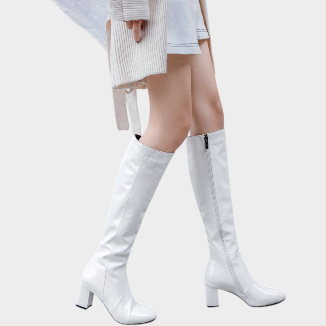 Novariel | Women's Leather Knee High Boots Party Patent Block Heel — White