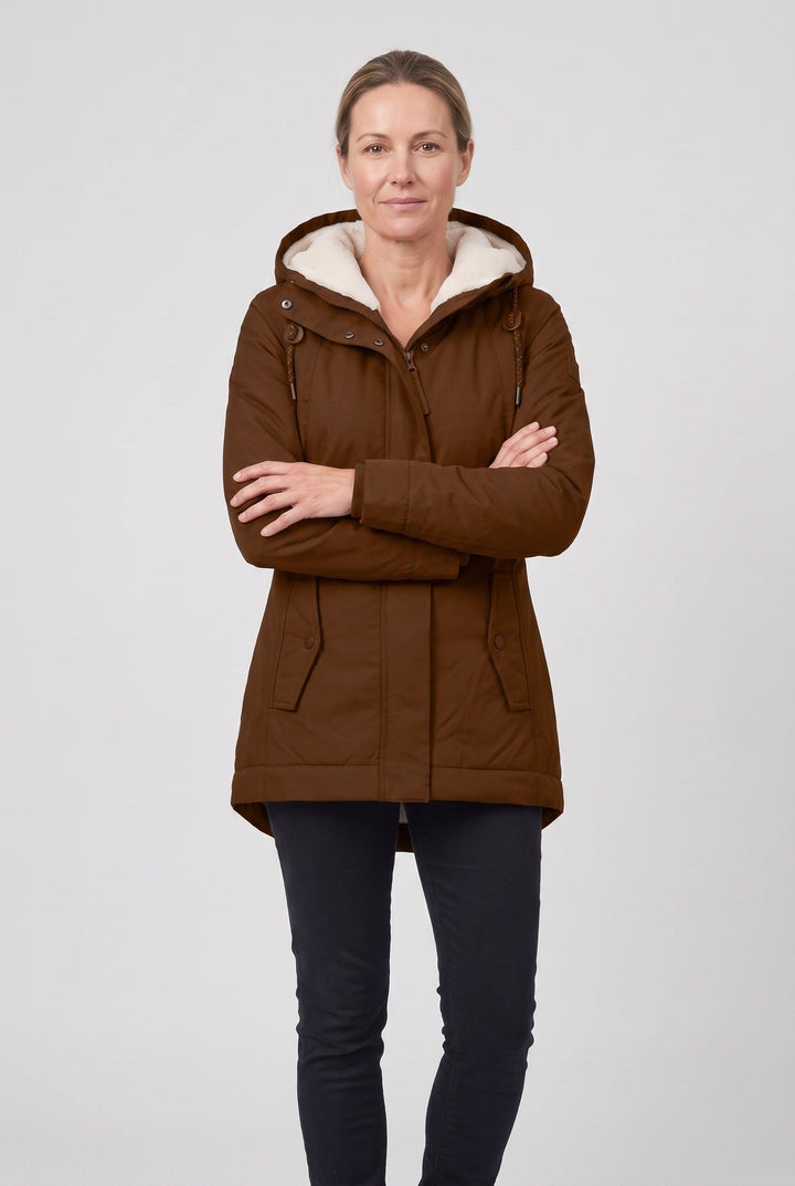 Nylalyn | Women's Hooded Padded Waterproof Coat, Longline Drawcord Waist Jacket — Brown