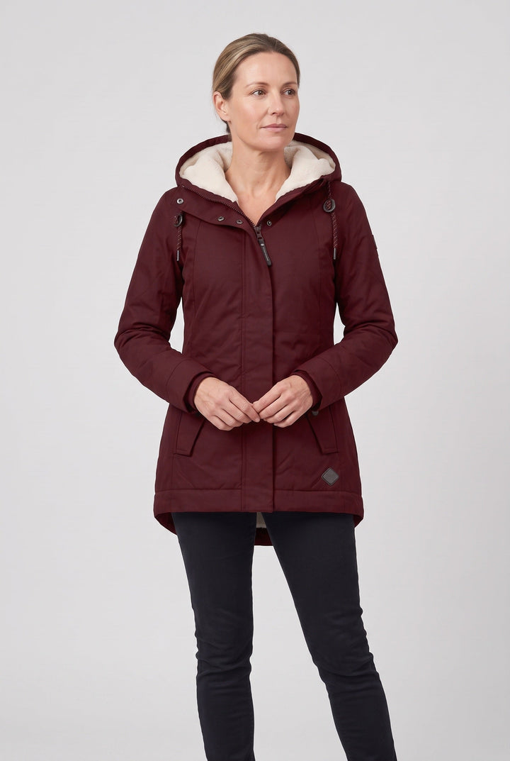 Nylalyn | Women's Hooded Padded Waterproof Coat, Longline Drawcord Waist Jacket — Burgundy