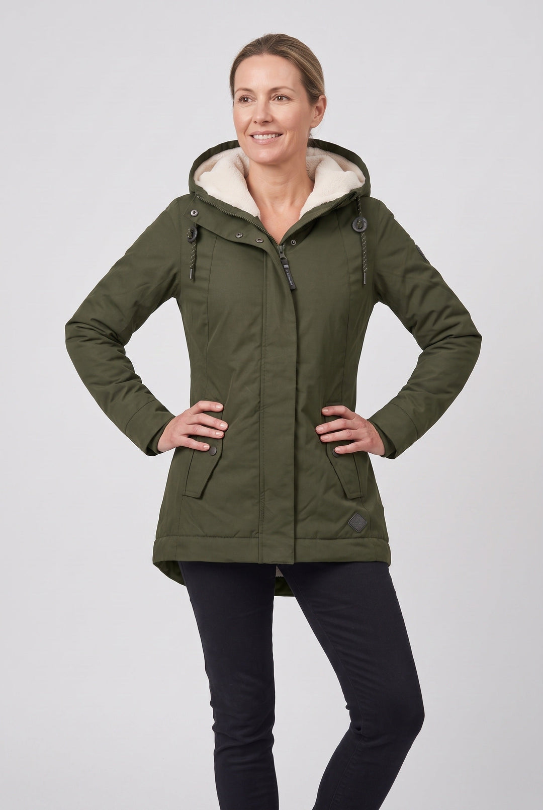 Nylalyn | Women's Hooded Padded Waterproof Coat, Longline Drawcord Waist Jacket — Dark green