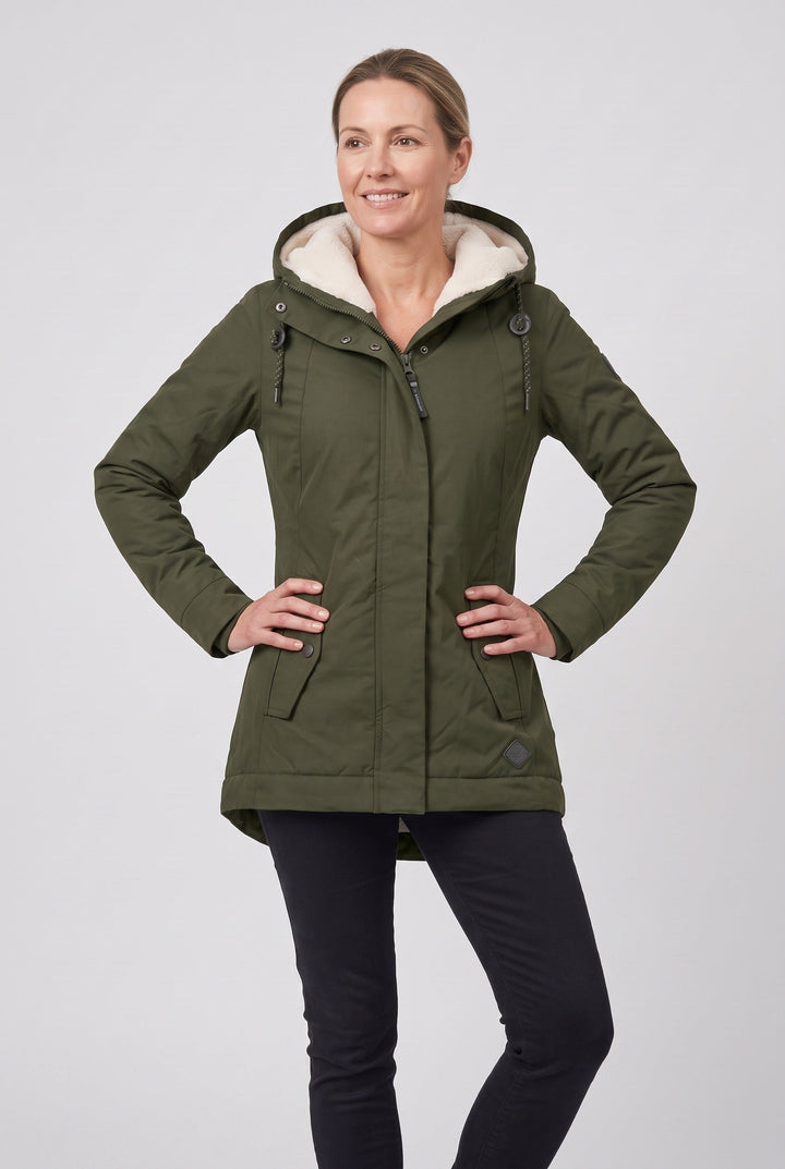 Nylalyn | Women's Hooded Padded Waterproof Coat, Longline Drawcord Waist Jacket — Dark green