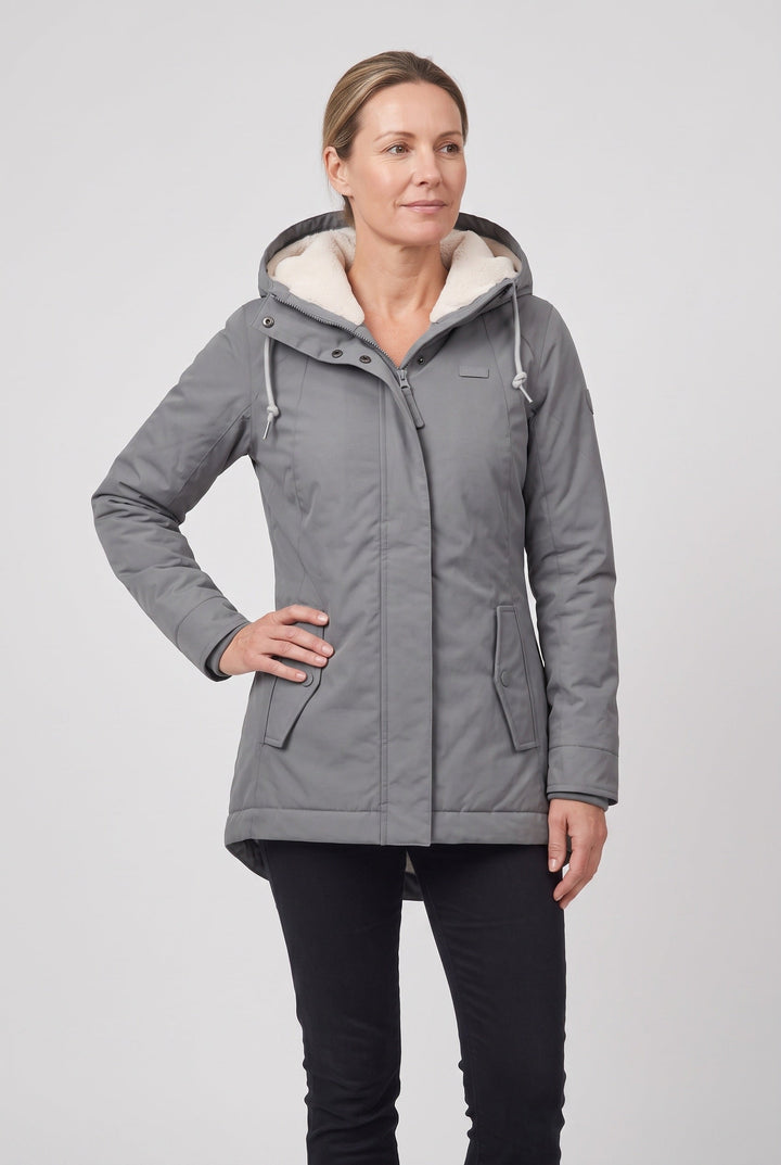 Nylalyn | Women's Hooded Padded Waterproof Coat, Longline Drawcord Waist Jacket — Grey
