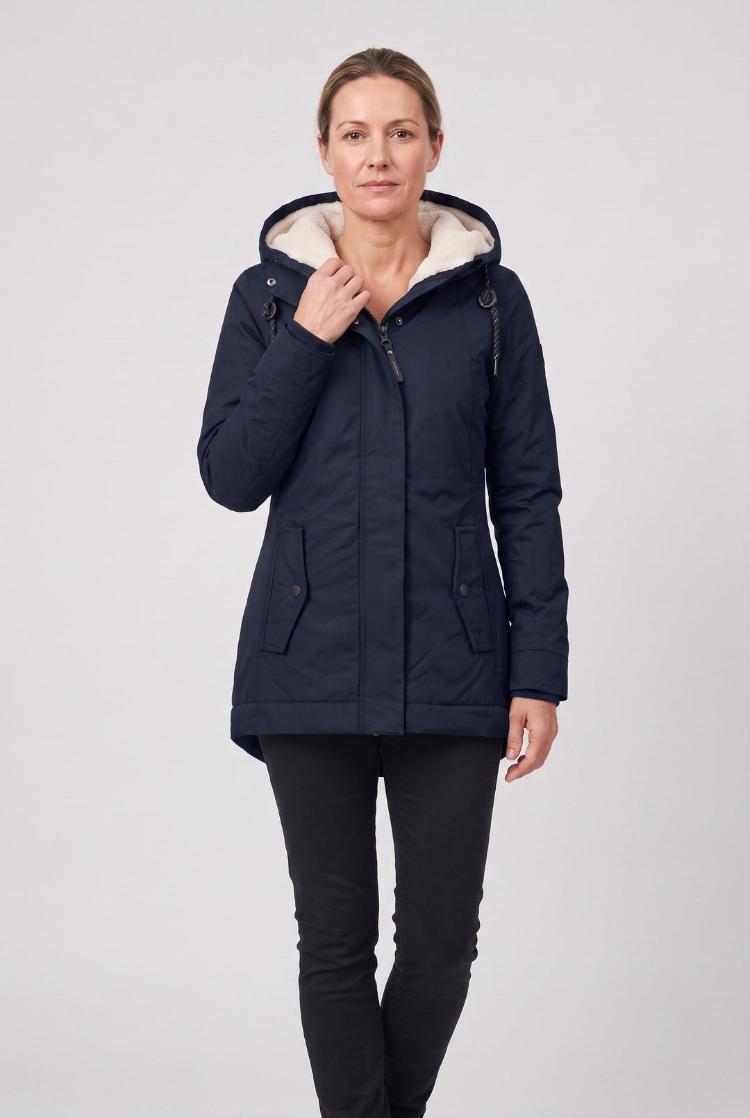 Nylalyn | Women's Hooded Padded Waterproof Coat, Longline Drawcord Waist Jacket — Navy