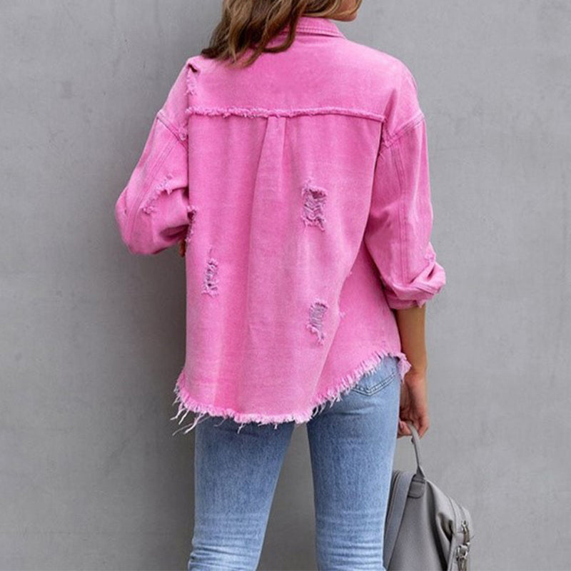 Octaviana | Women's Lightweight Casual Distressed Denim Jacket with Frayed Detail — 2