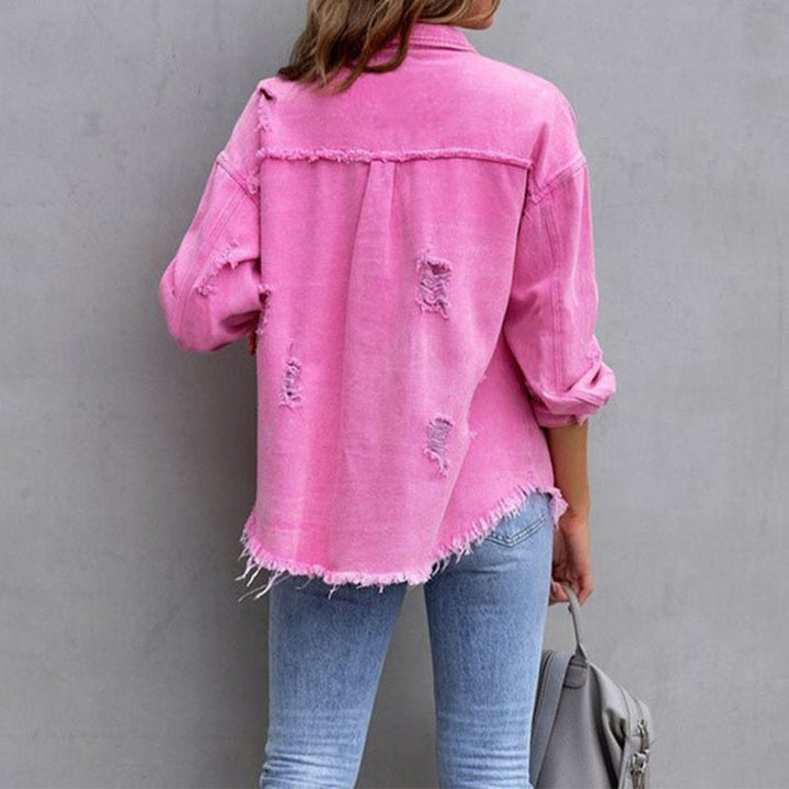 Octaviana | Women's Lightweight Casual Distressed Denim Jacket with Frayed Detail — 2