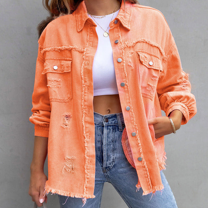 Octaviana | Women's Lightweight Casual Distressed Denim Jacket with Frayed Detail — Orange