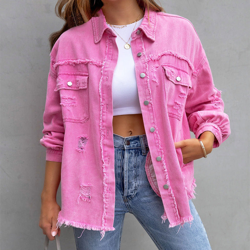 Octaviana | Women's Lightweight Casual Distressed Denim Jacket with Frayed Detail — Pink