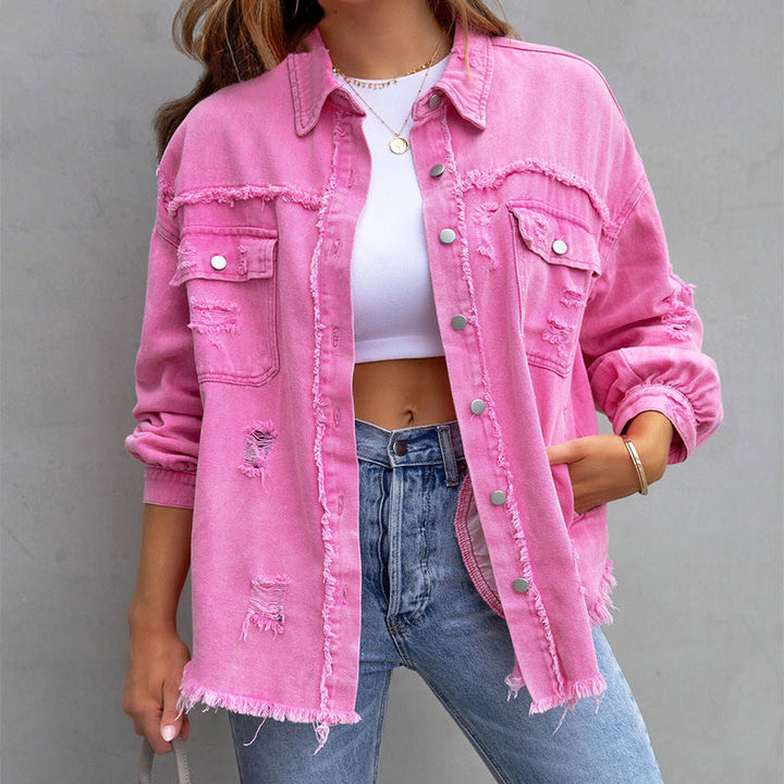 Octaviana | Women's Lightweight Casual Distressed Denim Jacket with Frayed Detail — Pink