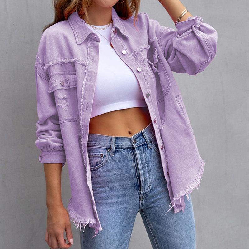 Octaviana | Women's Lightweight Casual Distressed Denim Jacket with Frayed Detail — Purple