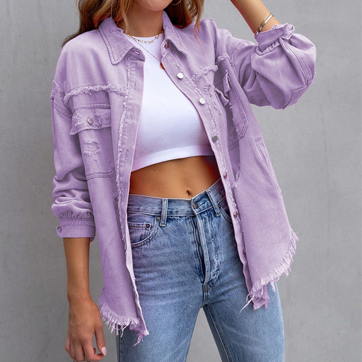 Octaviana | Women's Lightweight Casual Distressed Denim Jacket with Frayed Detail — Purple