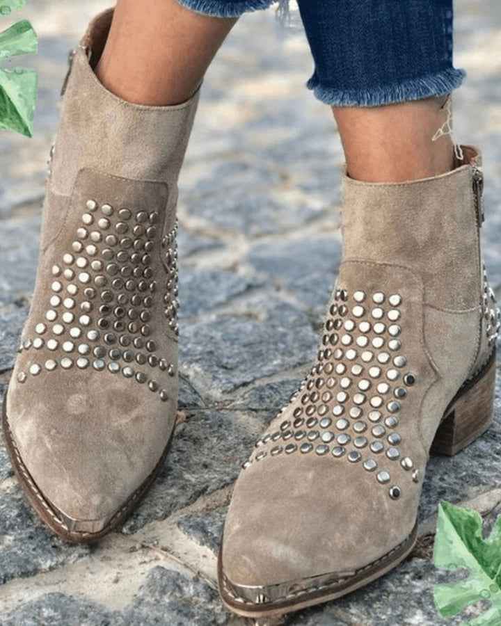 Odeldessa | Women's Studded Pointed Block Heel Boots — 1