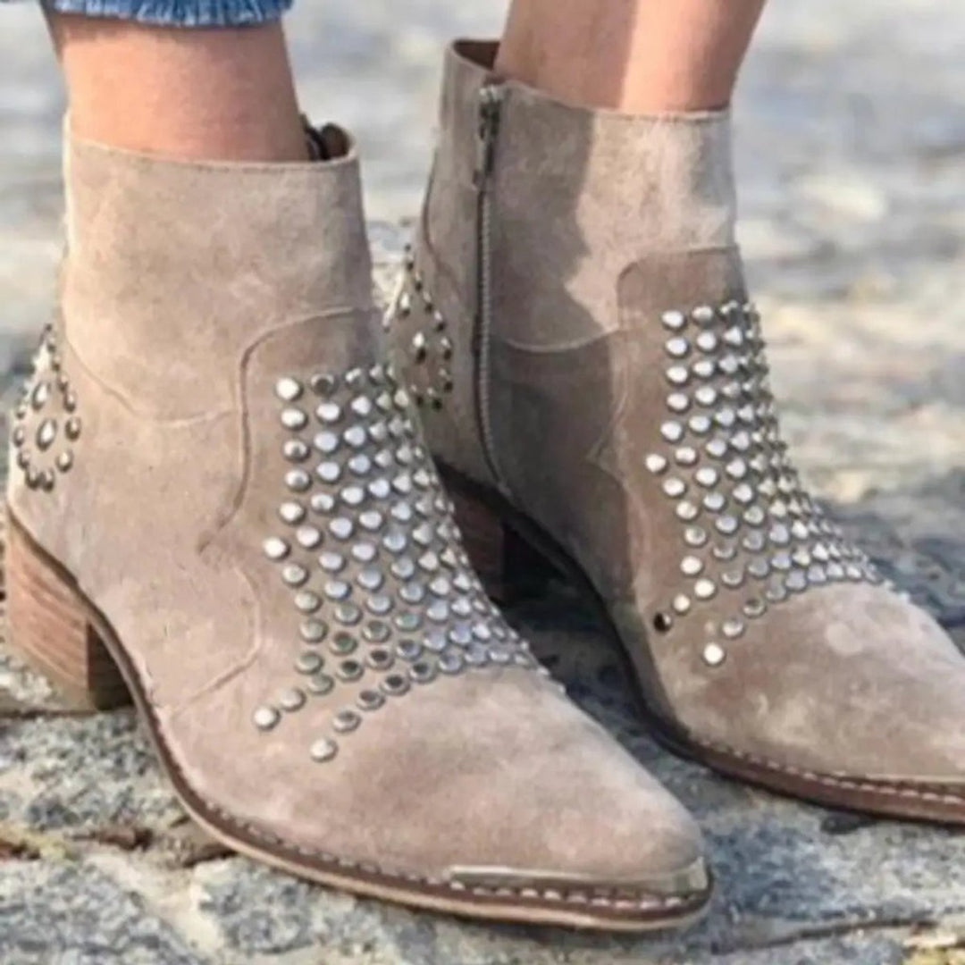 Odeldessa | Women's Studded Pointed Block Heel Boots — 2