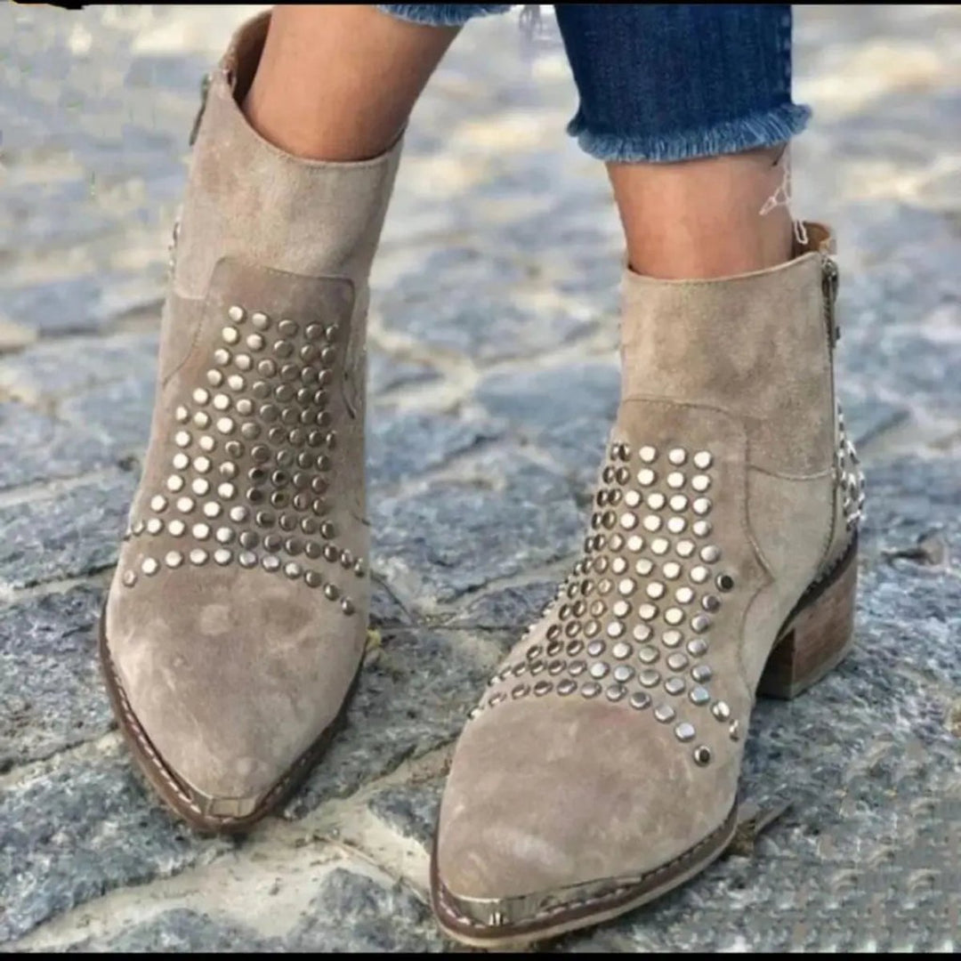 Odeldessa | Women's Studded Pointed Block Heel Boots — Grey