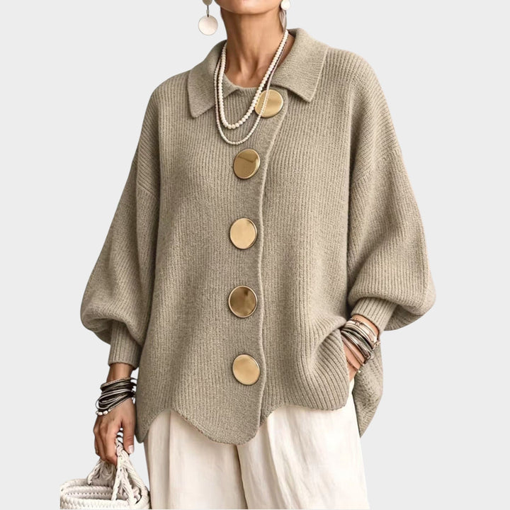 Odeloura | Women's Cozy Knit Cardigan Gold Button Oversized — Beige