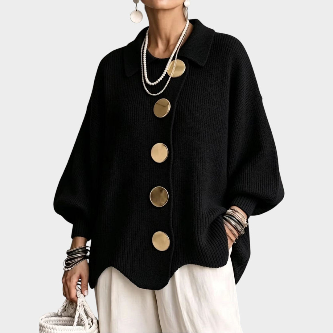 Odeloura | Women's Cozy Knit Cardigan Gold Button Oversized — Black
