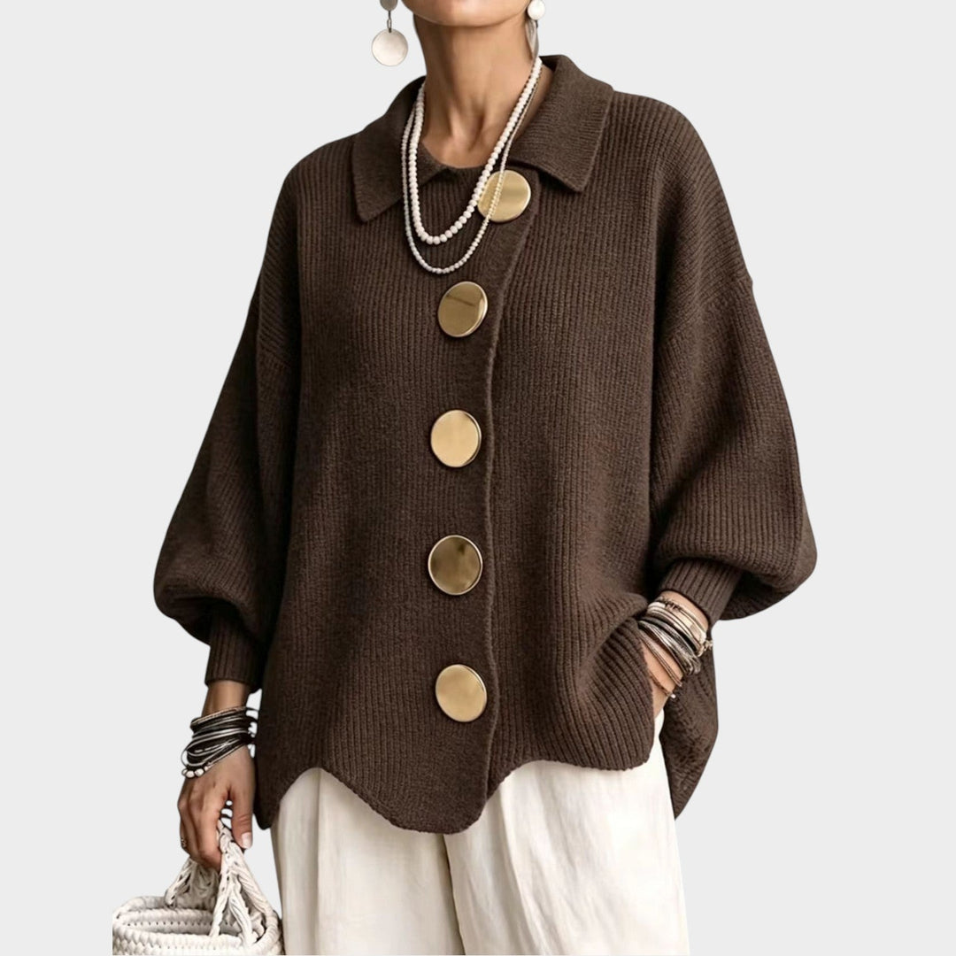 Odeloura | Women's Cozy Knit Cardigan Gold Button Oversized — Brown