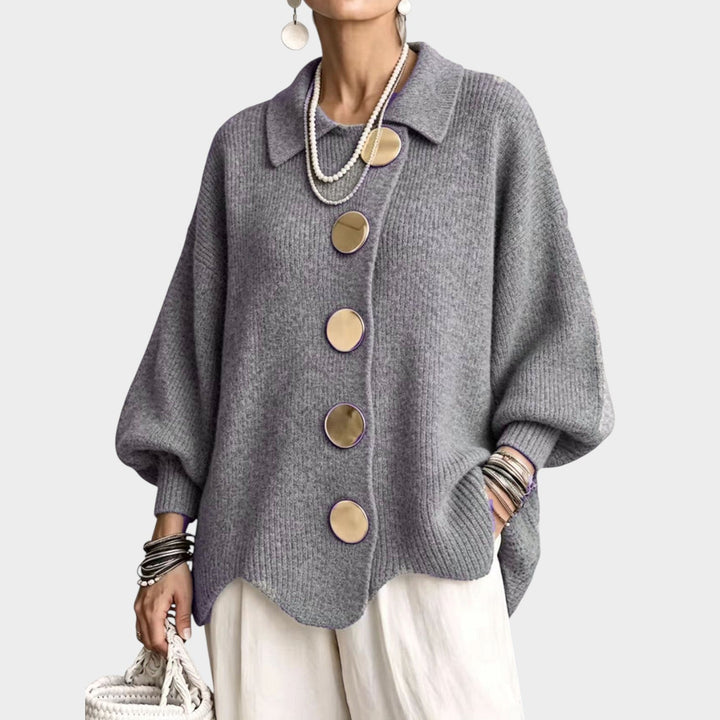 Odeloura | Women's Cozy Knit Cardigan Gold Button Oversized — Gray