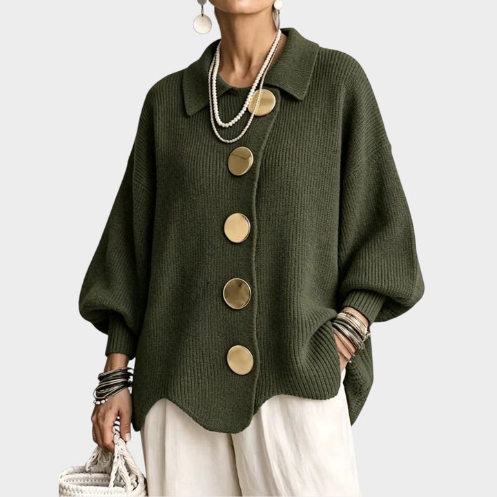 Odeloura | Women's Cozy Knit Cardigan Gold Button Oversized — Green