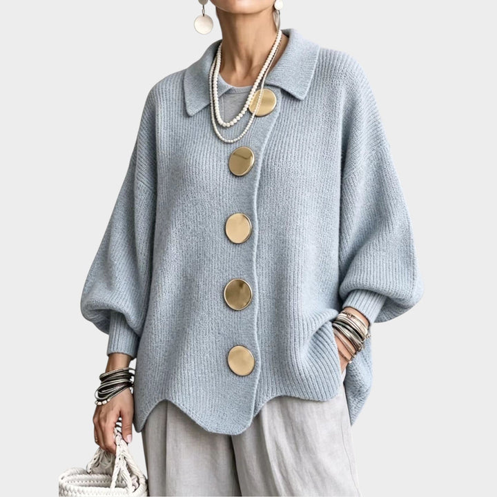 Odeloura | Women's Cozy Knit Cardigan Gold Button Oversized — Light Blue