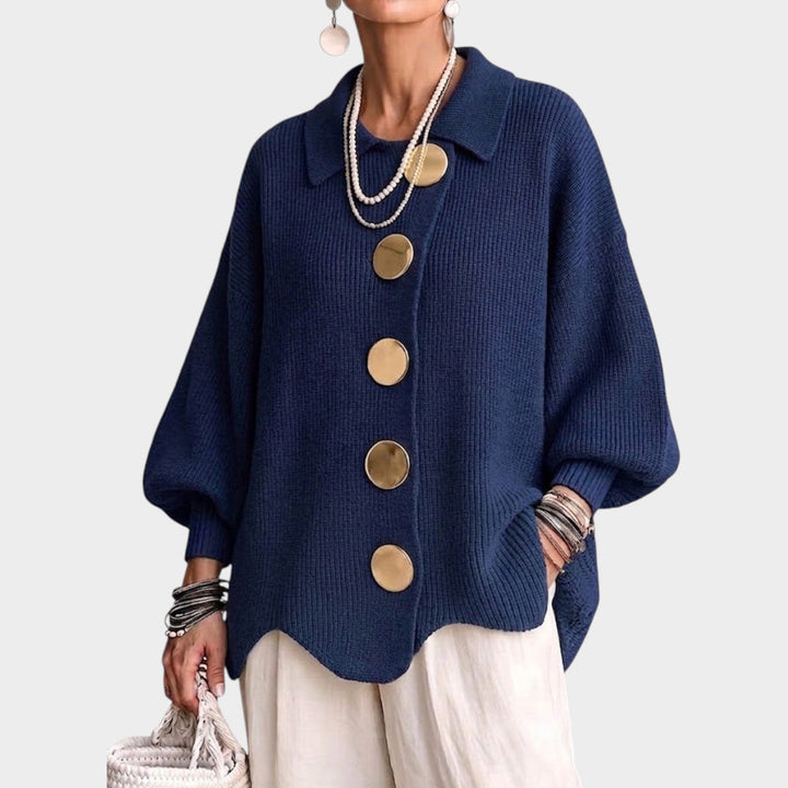 Odeloura | Women's Cozy Knit Cardigan Gold Button Oversized — Navy Blue