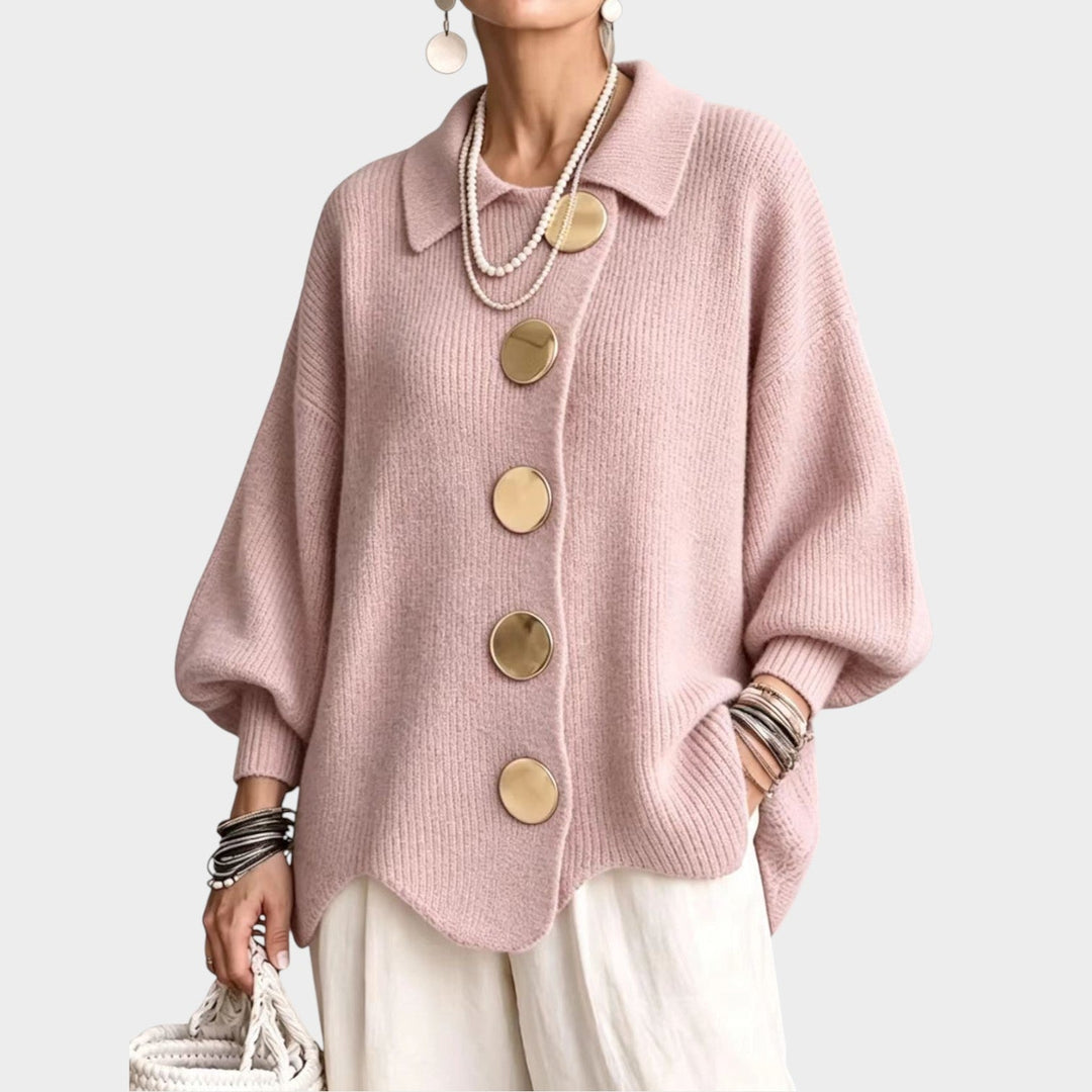 Odeloura | Women's Cozy Knit Cardigan Gold Button Oversized — Pink