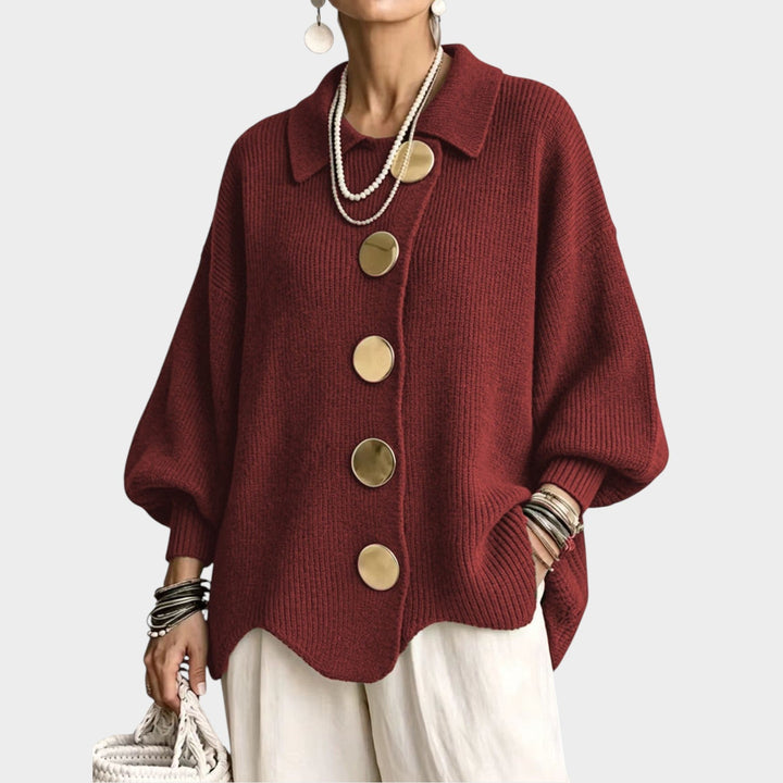 Odeloura | Women's Cozy Knit Cardigan Gold Button Oversized — Red