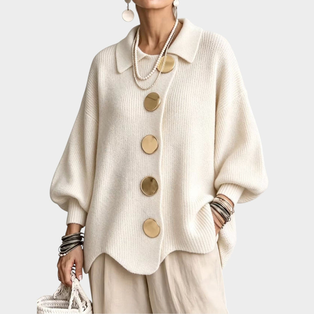 Odeloura | Women's Cozy Knit Cardigan Gold Button Oversized — White