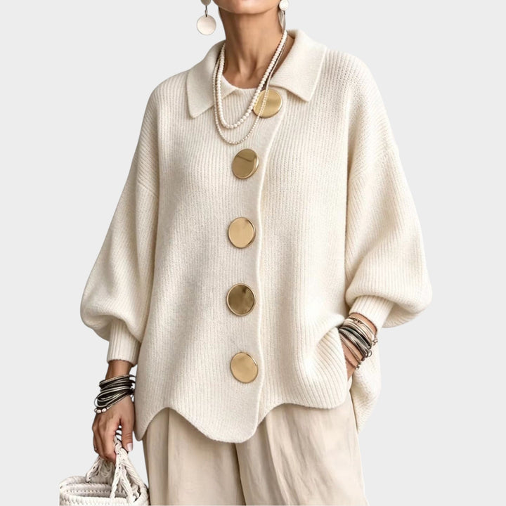 Odeloura | Women's Cozy Knit Cardigan Gold Button Oversized — White