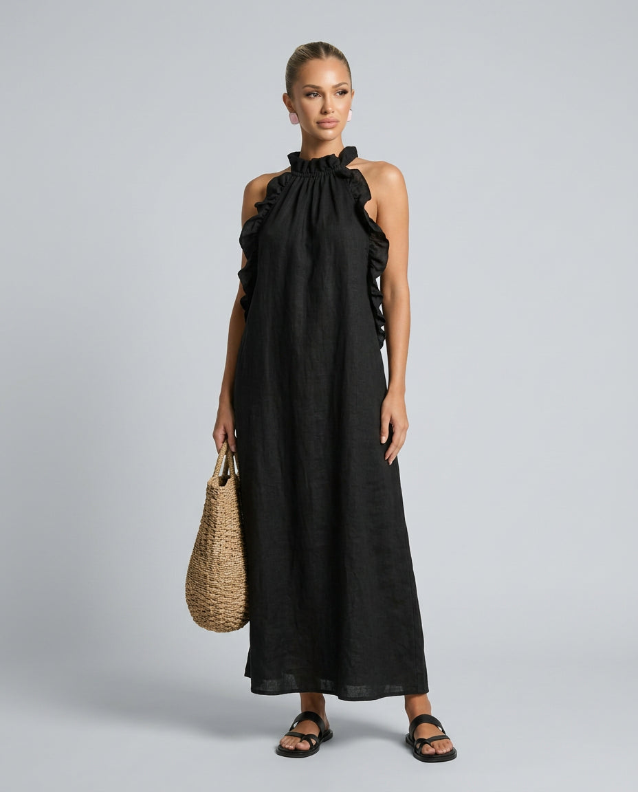 Odette | Linen Wedding Guest Ruffle Maxi Dress