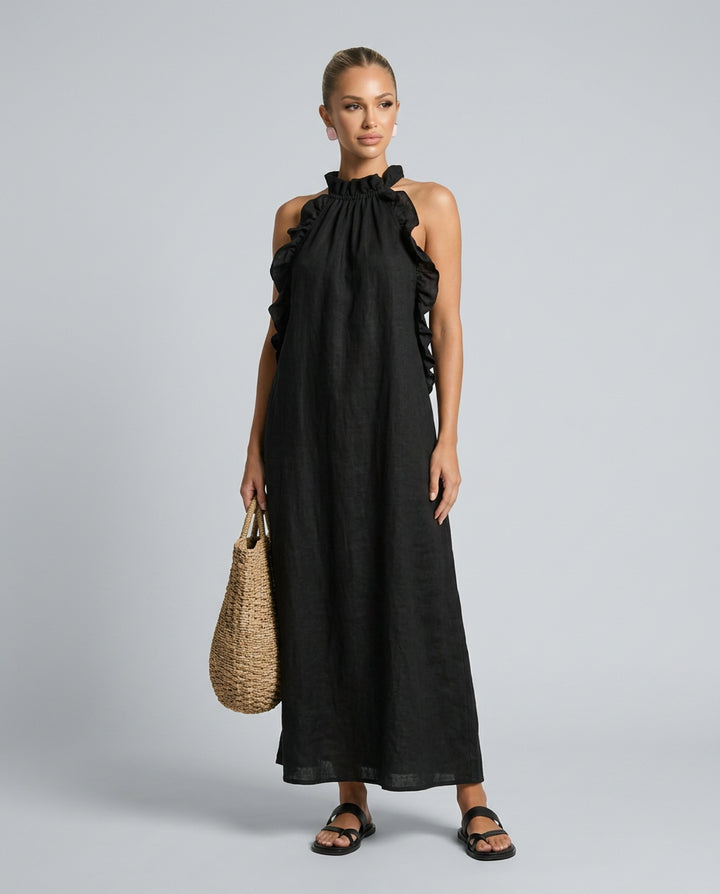 Odette | Women's Wedding Guest Elegant Linen-Blend Maxi Dress with Ruffle Details Dresses — 1