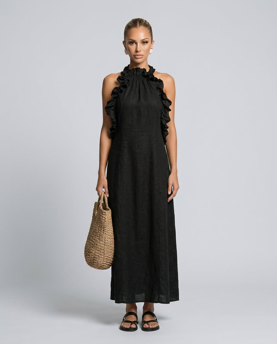 Odette | Women's Wedding Guest Elegant Linen-Blend Maxi Dress with Ruffle Details Dresses — 3