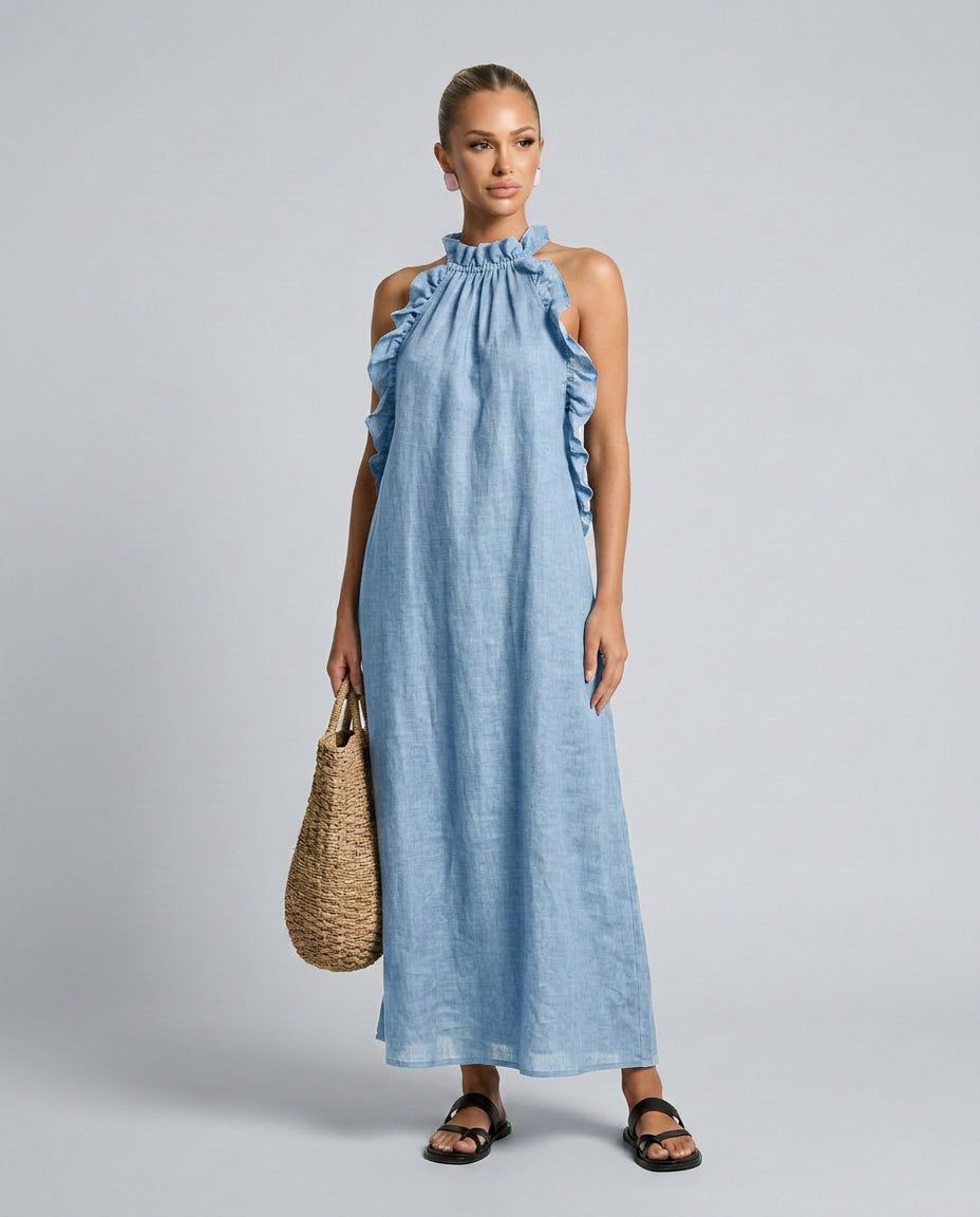 Odette | Linen Wedding Guest Ruffle Maxi Dress