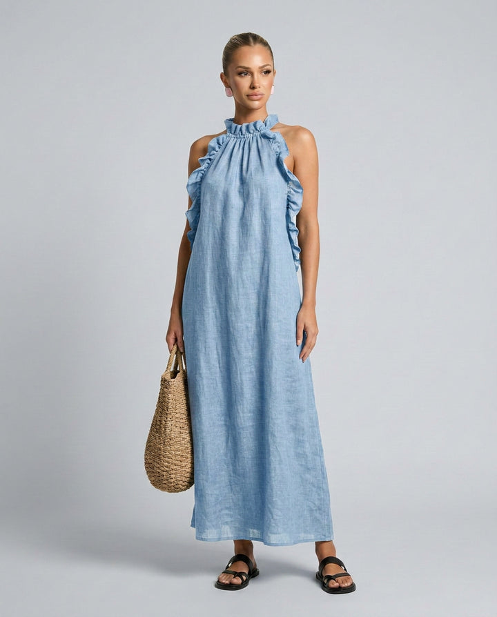 Odette | Linen Wedding Guest Ruffle Maxi Dress