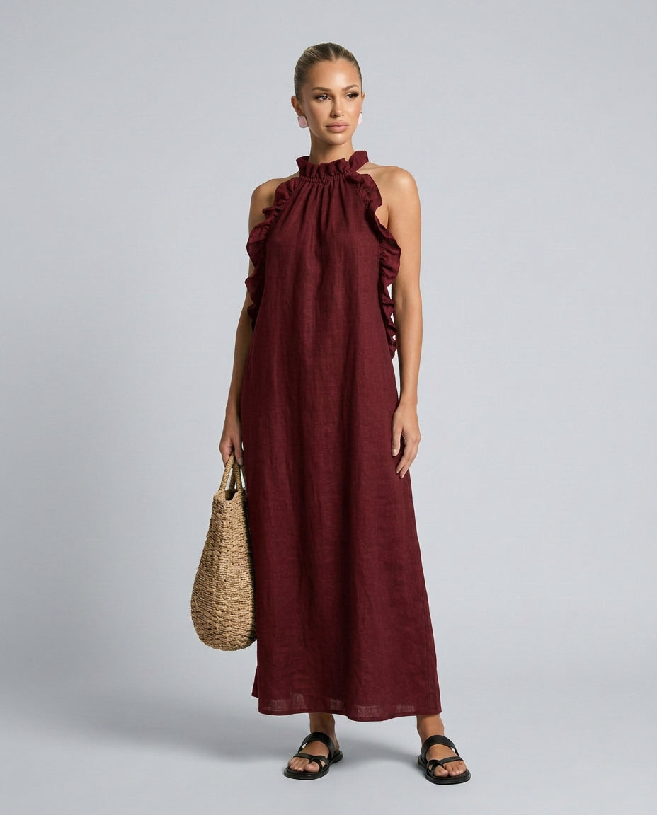 Odette | Linen Wedding Guest Ruffle Maxi Dress