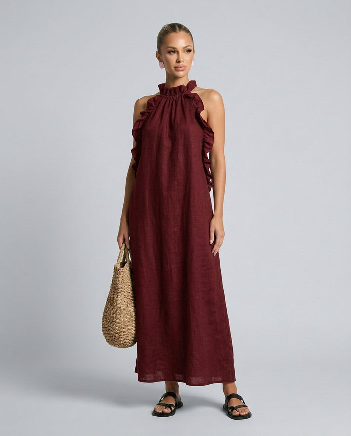 Odette | Linen Wedding Guest Ruffle Maxi Dress